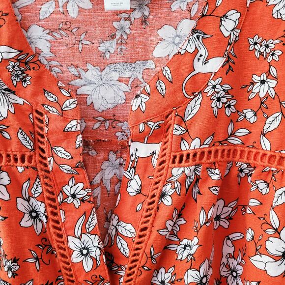 Charter Club Luxury Top XL Linen Blend Orange Tie Front Floral Monkies Cheetah - Picture 4 of 11